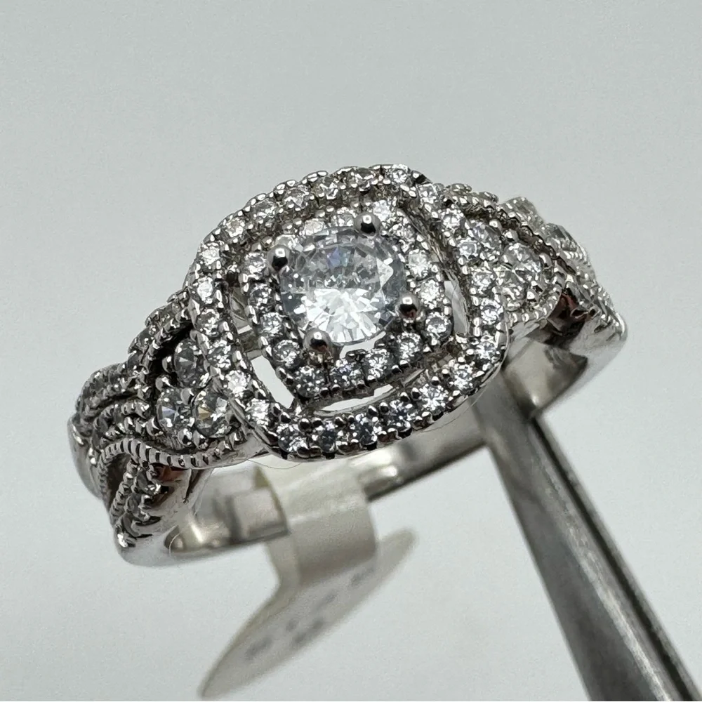 Sterling Silver CZ Double Band Halo Engagement Style Ring Size 9 New